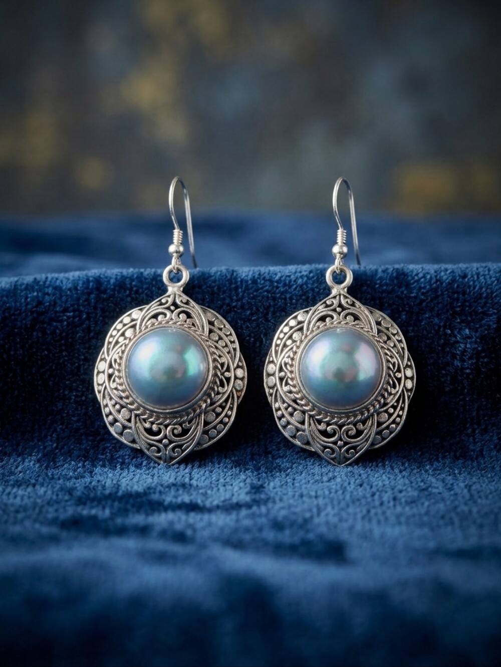 Cultured Blue Mabe Pearl Sterling Silver Dangle Earrings Bali Legacy 10.70 Grams